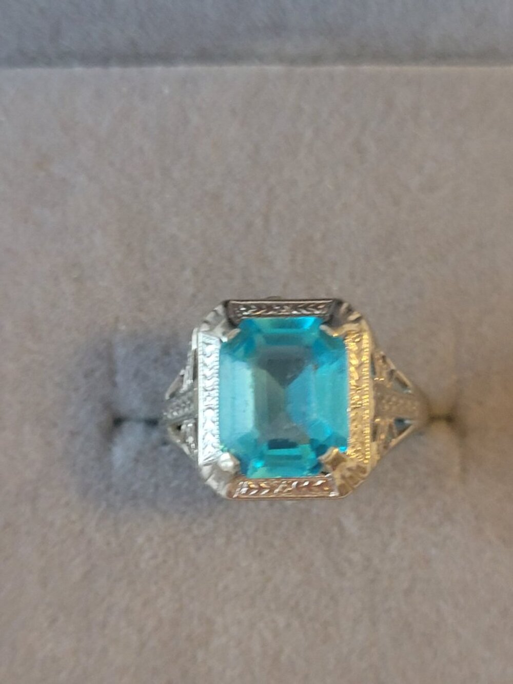 Art Deco Blue Topaz Glass Stone Gold Filigree Ring Vintage December Birthstone
